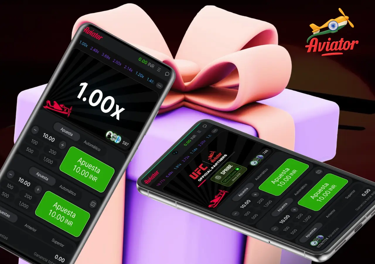 Screenshots of Aviator game on the background of the gifbox